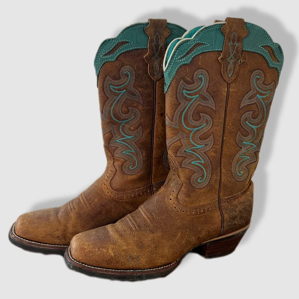 Justin Sevana Tan Western Cowboy Turquoise Brown Leather Boots
